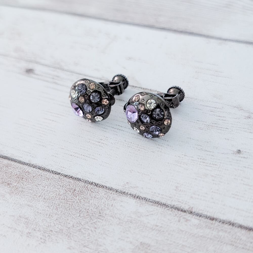 Vintage Clip On Earrings - Pretty Dark Tones with Gems - 0.5" - Picture 3 of 5